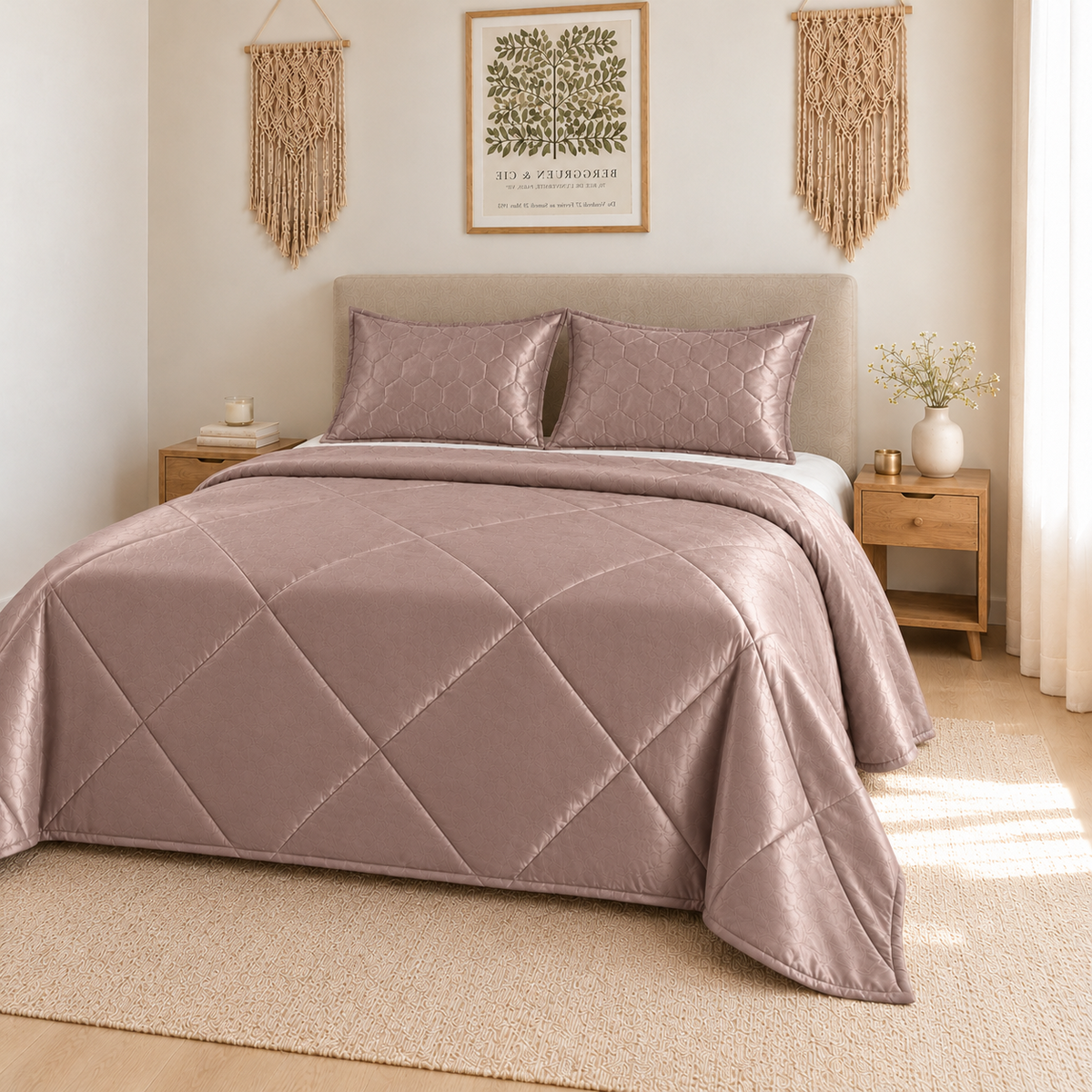 A bed dressed in a dusty mauve quilted bedding set with two matching pillow shams, styled in a warm, neutral-toned bedroom with wooden nightstands, macrame wall hangings, and a framed botanical print.