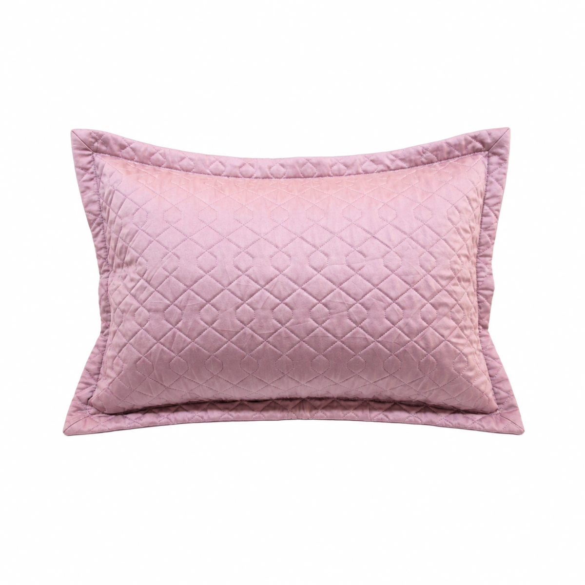 A rectangular pink lumbar pillow with a diamond-quilted pattern and a matching piped border, shown on a plain white background.