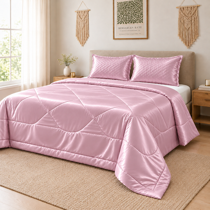 A pink quilted comforter set with matching pillow shams on a bed in a bright, modern bedroom. The bedding features a diamond-quilted pattern and a soft satin-like sheen.