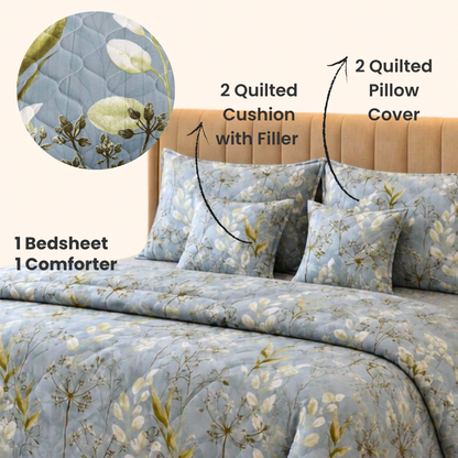 Sky Bloom – 6 Pc King Size Bedset (108x108) | Quilted Cushion Set