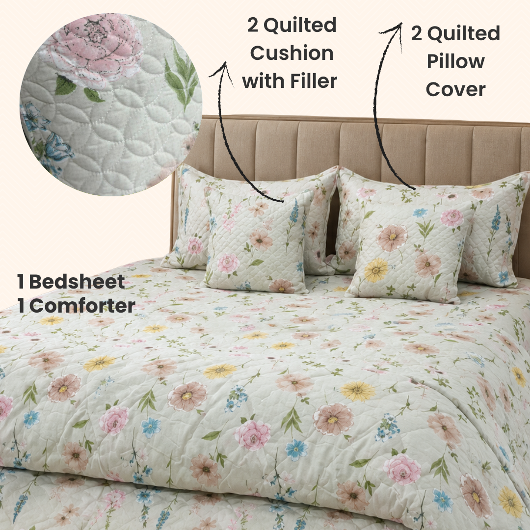 Daisy Whisper – 6 Pc King Size Bedset (108x108) | Quilted Cushion Set