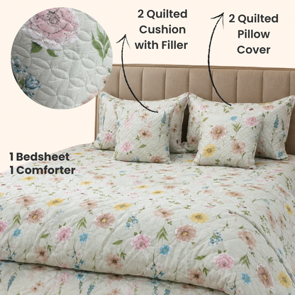 Daisy Whisper – 6 Pc King Size Bedset (108x108) | Quilted Cushion Set