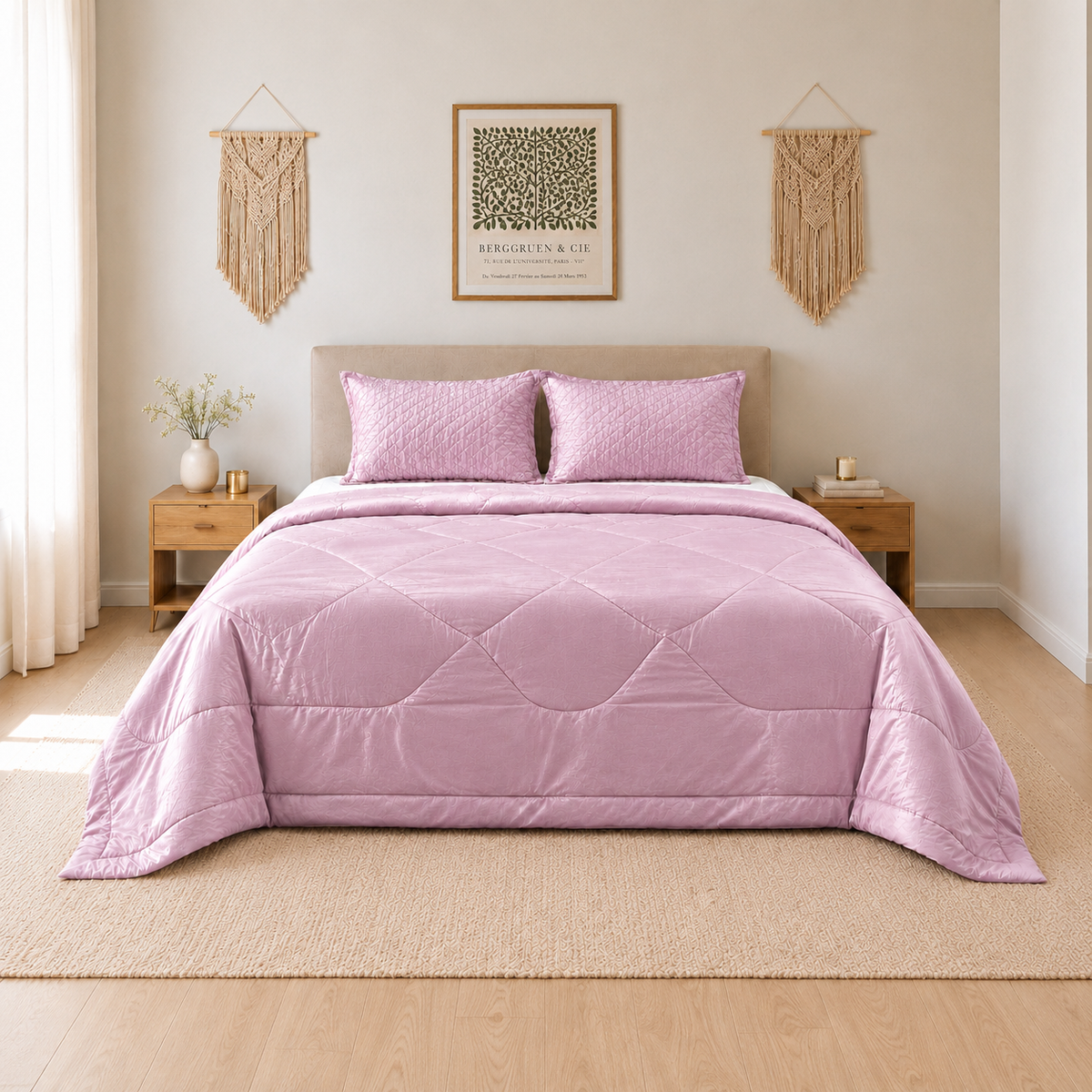 A neatly made bed in a bright bedroom setting, covered with a light pink quilted comforter and matching pink pillows. The room includes wooden nightstands, a beige rug, wall macrame decor, and framed wall art.