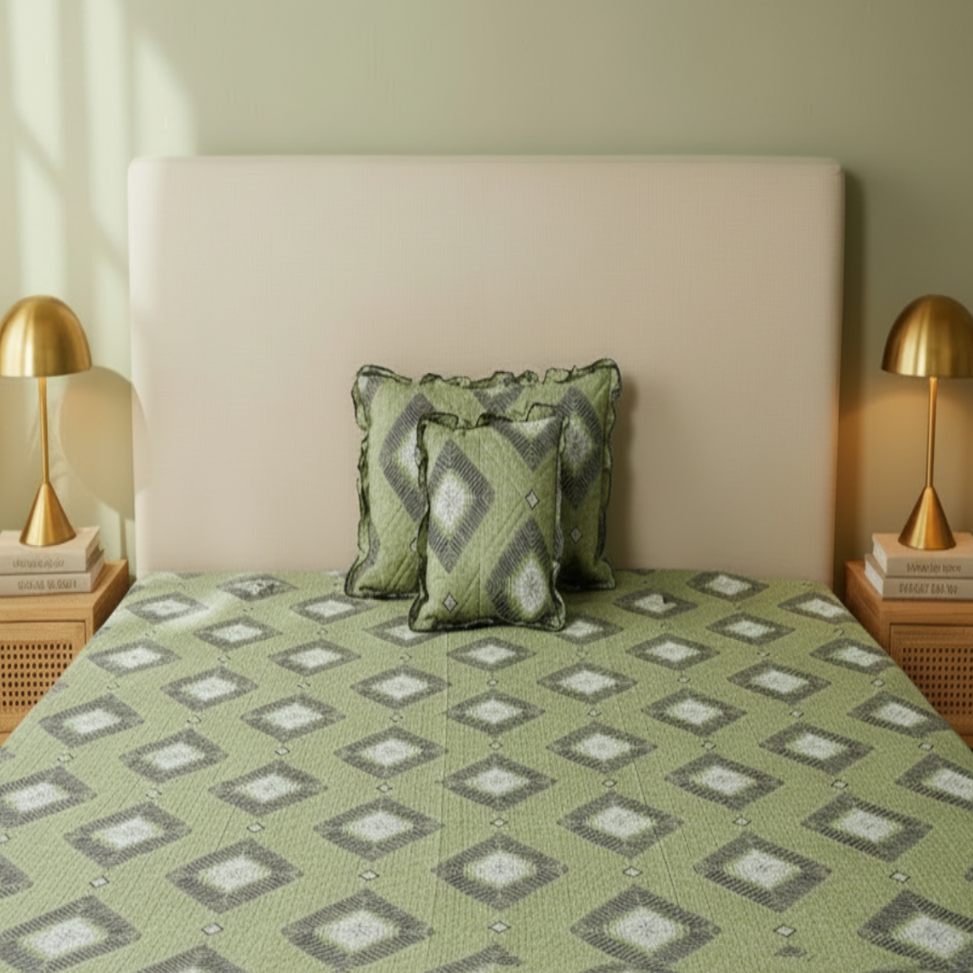 Bed with green patterned bedding and pillows, flanked by gold lamps on nightstands.