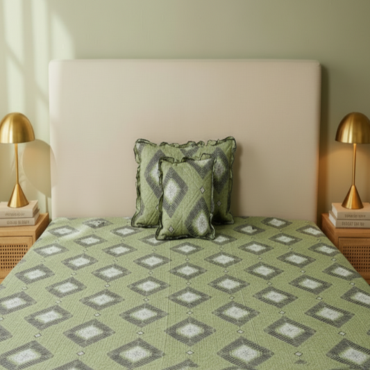 Bed with green patterned bedding and pillows, flanked by gold lamps on nightstands.