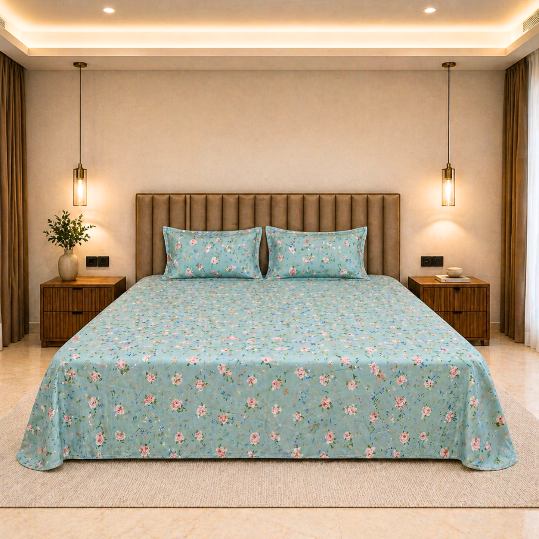 soothing green king size cotton feel bedsheet 108x108 inches for summer in floral design with quilted pillow for your calming bedroom
