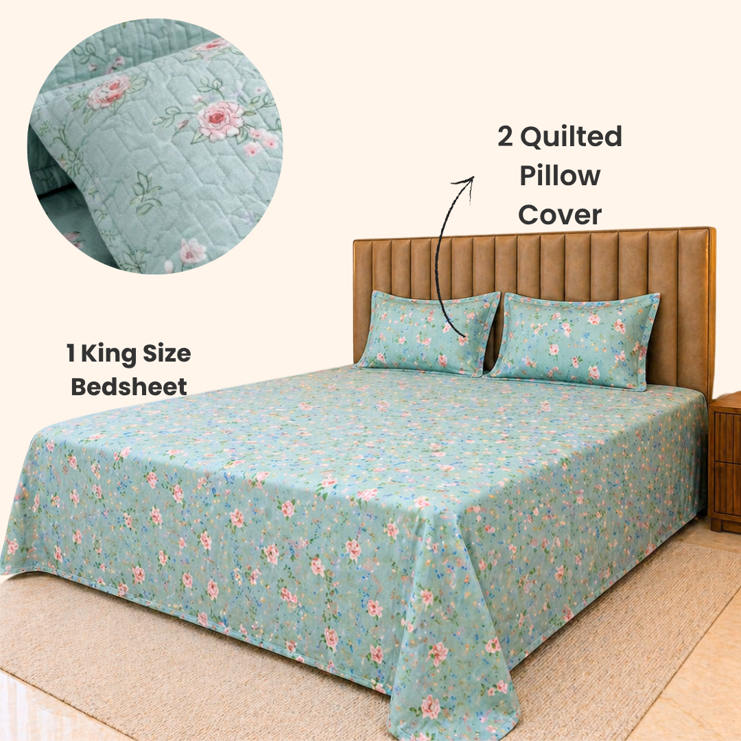 king size soft cotton feel bedsheet 108x108 inches in serene green with floral 180 GSM with quilted pillow covers