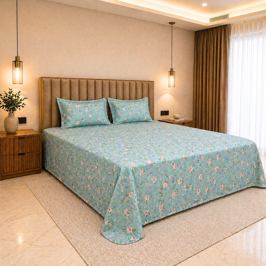 green king size cotton feel bedsheet 108x108 inches breathable summer floral with quilted pillow covers calming bedroom