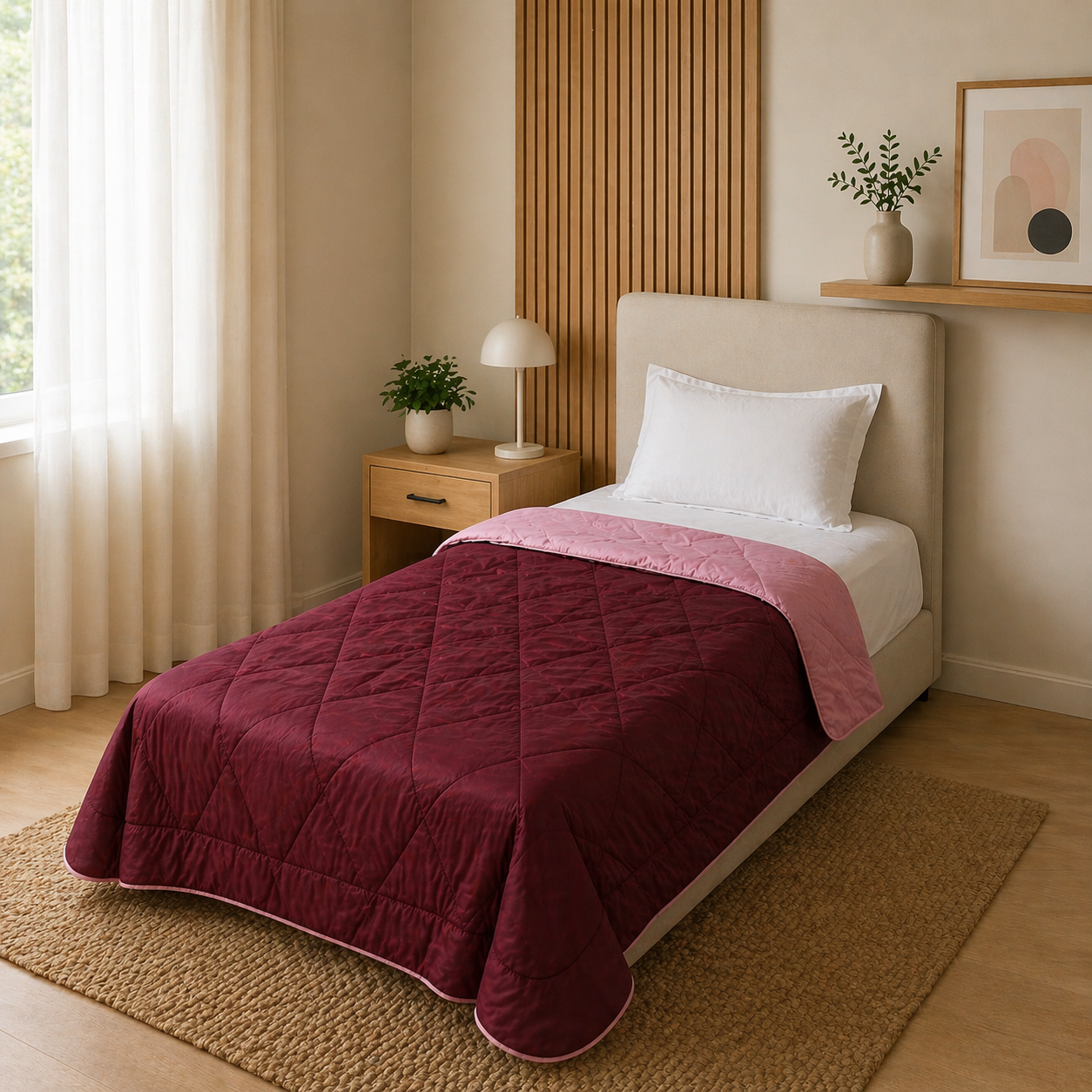 Fountain Grasses - SINGLE BED REVERSIBLE COMFORTER (Burgundy Pink)