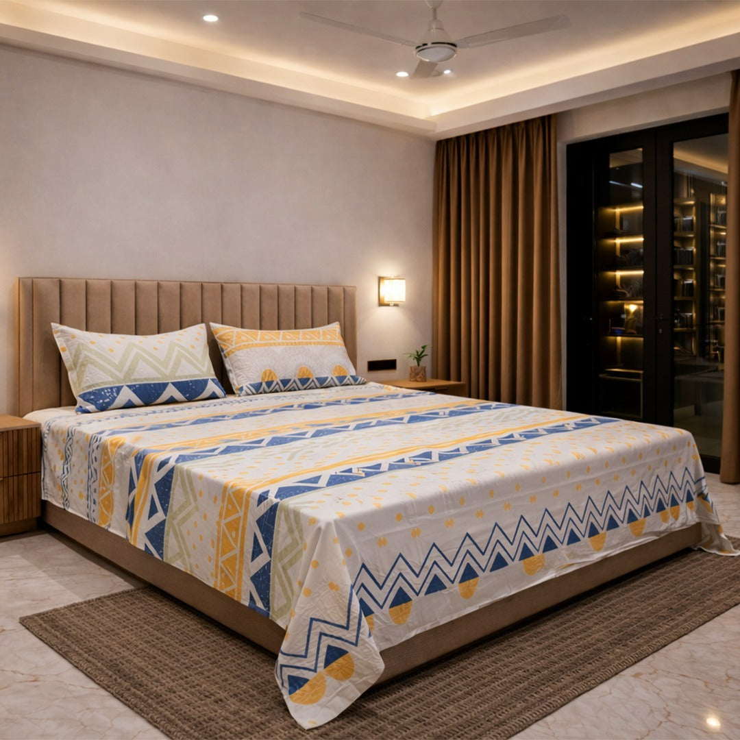 king size soft cotton bedsheet 108x108 inches in blue and yellow modern design with 180 GSM with quilted pillow covers