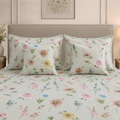 Daisy Whisper – 6 Pc King Size Bedset (108x108) | Quilted Cushion Set