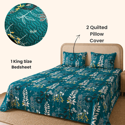 dark green cotton feel bedsheet in king size featuring floral print with quilted pillow covers