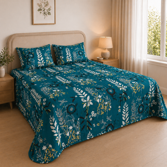dark green cotton feel bedsheet side view king size floral print soft breathable fabric with pillow covers