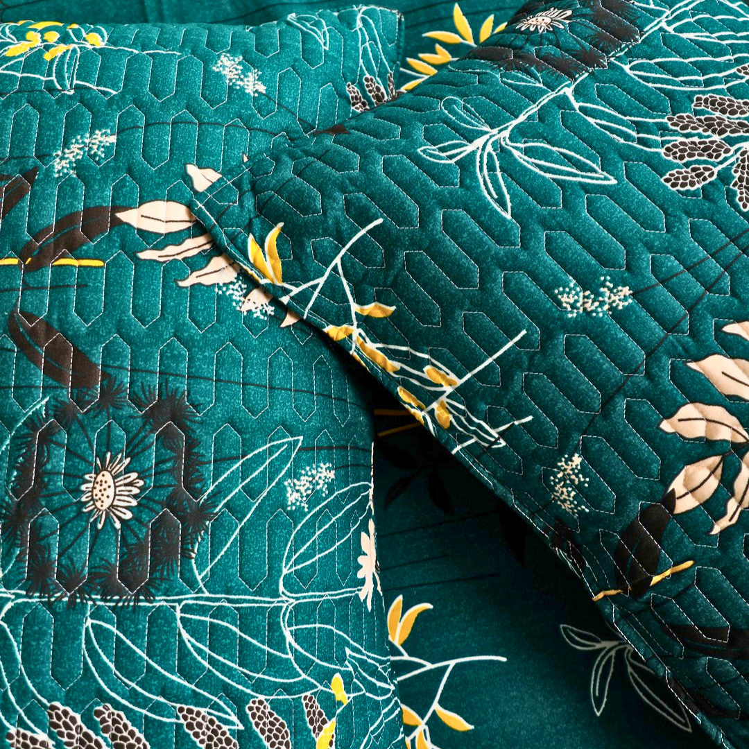 dark green cotton feel bedsheet close up floral print 180 GSM soft breathable texture with quilted pillow cover stitching