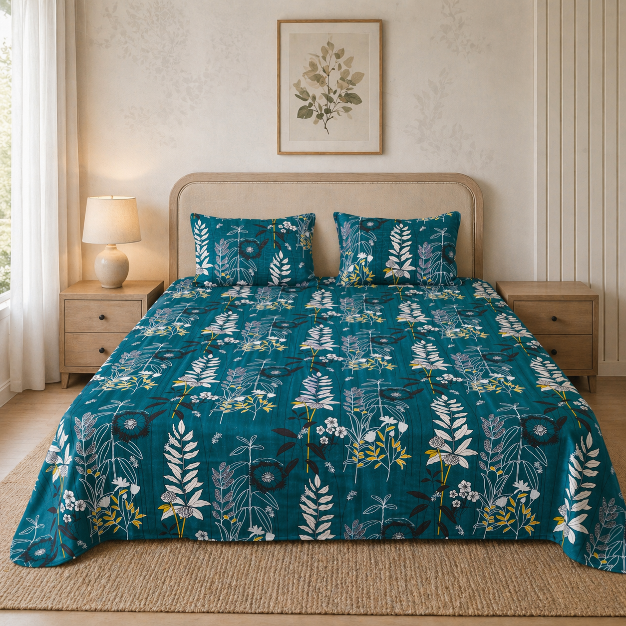 dark green king size cotton feel bedsheet floral design with quilted pillow covers modern bedroom setup soft breathable front view