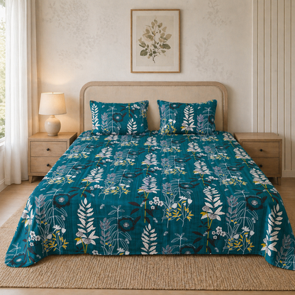 dark green king size cotton feel bedsheet floral design with quilted pillow covers modern bedroom setup soft breathable front view