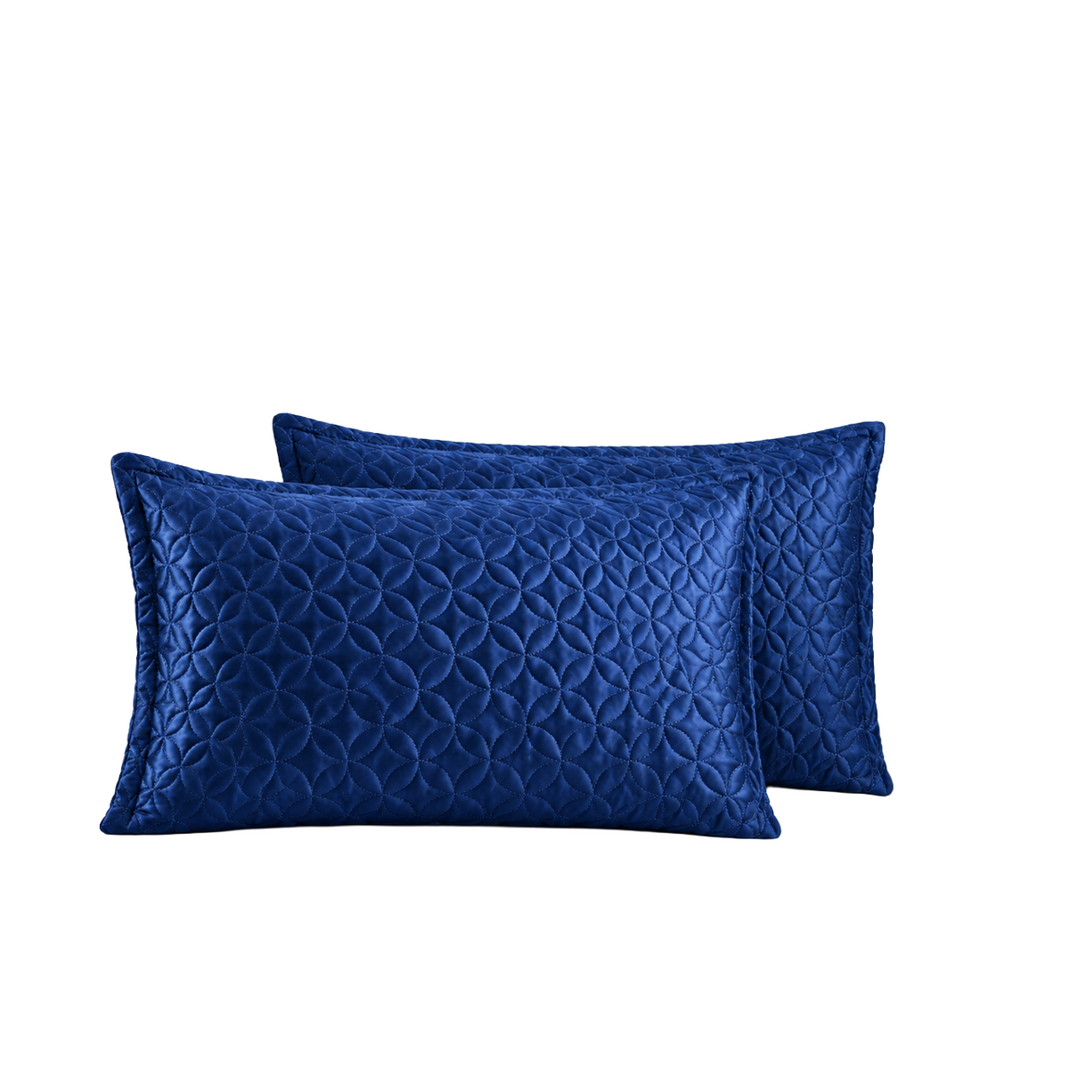 Two royal blue quilted rectangular throw pillows with a geometric pattern, displayed against a solid white background.