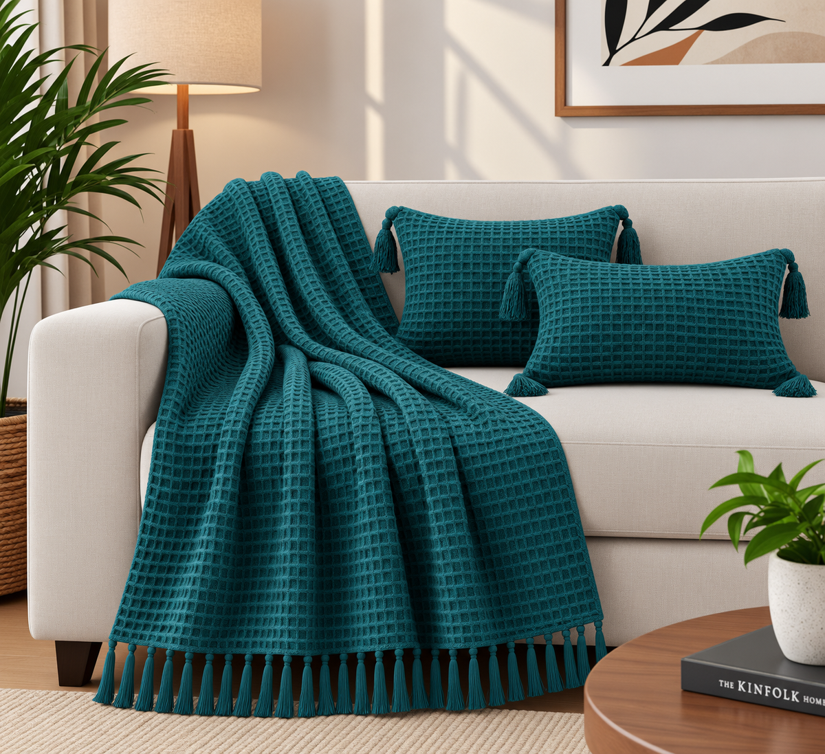 Waffle Texture Throw & Lumber Set | Deep Teal