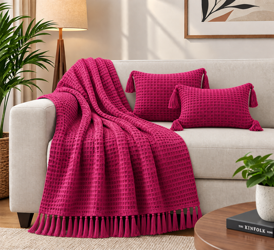 Waffle Texture Throw & Cushion Lumber Set | Berry Pink