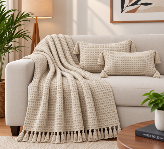 Waffle Texture Throw & Lumber Set | Soft Ivory