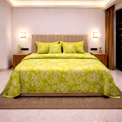 green whisper 6 piece bedset cotton feel bedsheet king size floral with quilted pillow covers and cushion filler modern bedroom front view