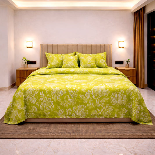 green whisper 6 piece bedset cotton feel bedsheet king size floral with quilted pillow covers and cushion filler modern bedroom front view