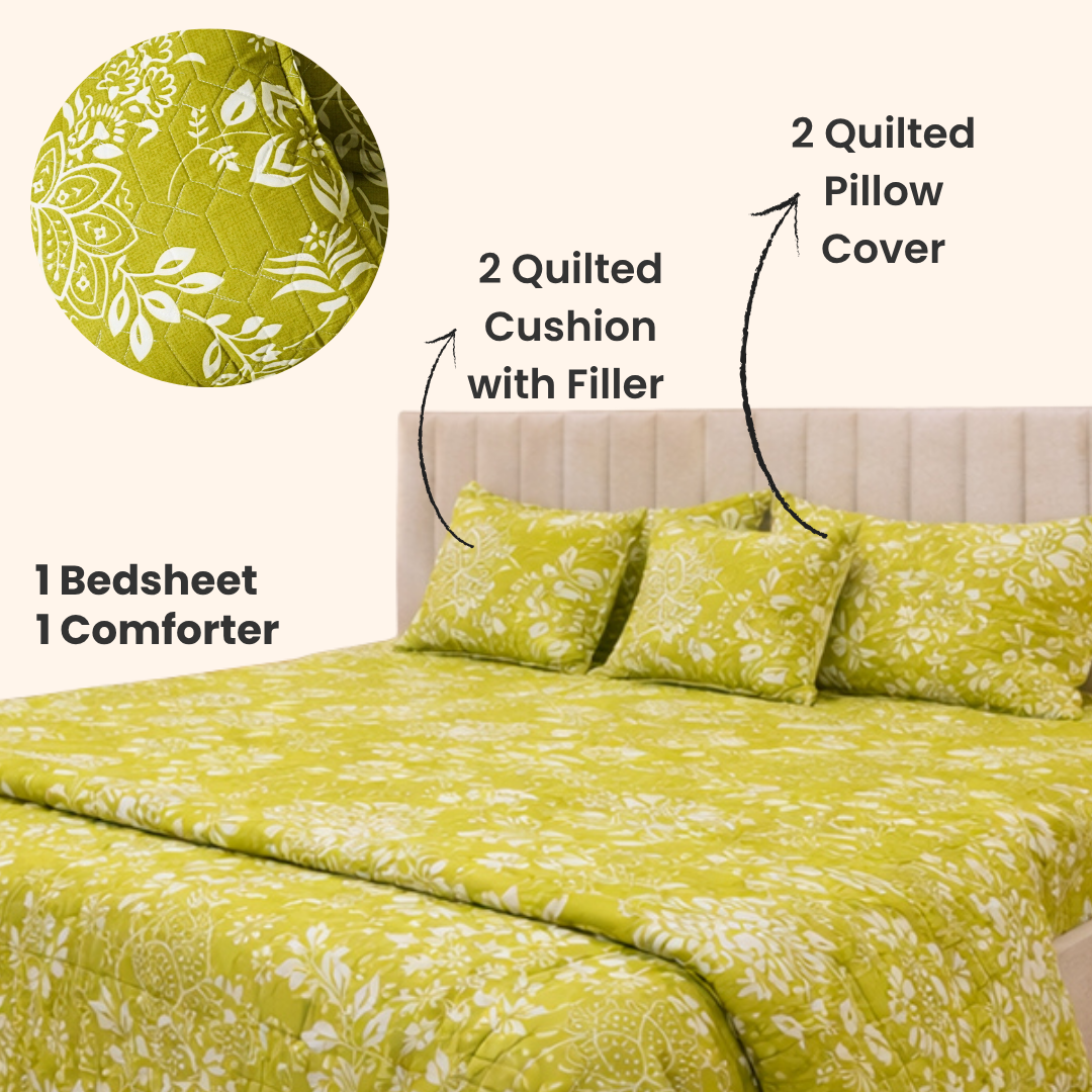 green whisper cotton feel bedsheet fabric floral print 180 GSM soft breathable with quilted pillow cover and cushion featuring stitching detail