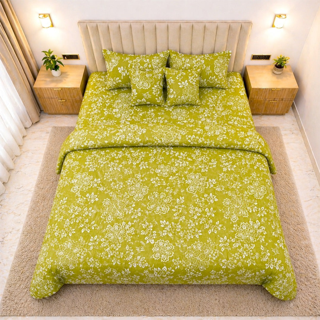 green whisper cotton feel bedsheet king size 108x108 6 piece bedset with quilted pillow covers and quilted cushion filler soft breathable floral top view