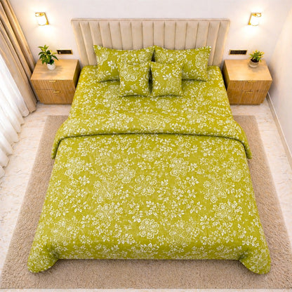 green whisper cotton feel bedsheet king size 108x108 6 piece bedset with quilted pillow covers and quilted cushion filler soft breathable floral top view