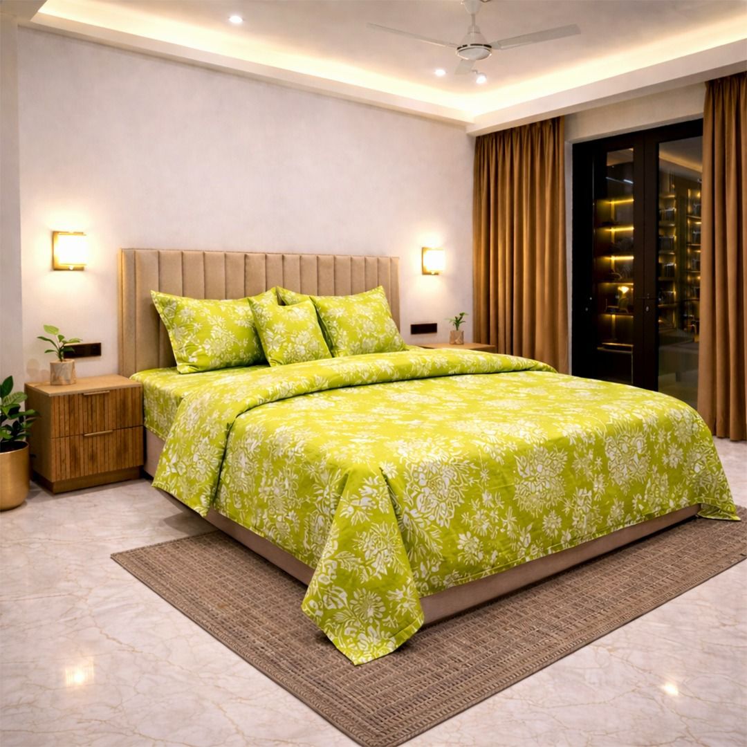 green whisper cotton feel bedsheet king size 6 piece bedset side view double bed floral with quilted pillow covers and cushion filler soft breathable fabric