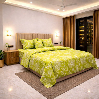 green whisper cotton feel bedsheet king size 6 piece bedset side view double bed floral with quilted pillow covers and cushion filler soft breathable fabric