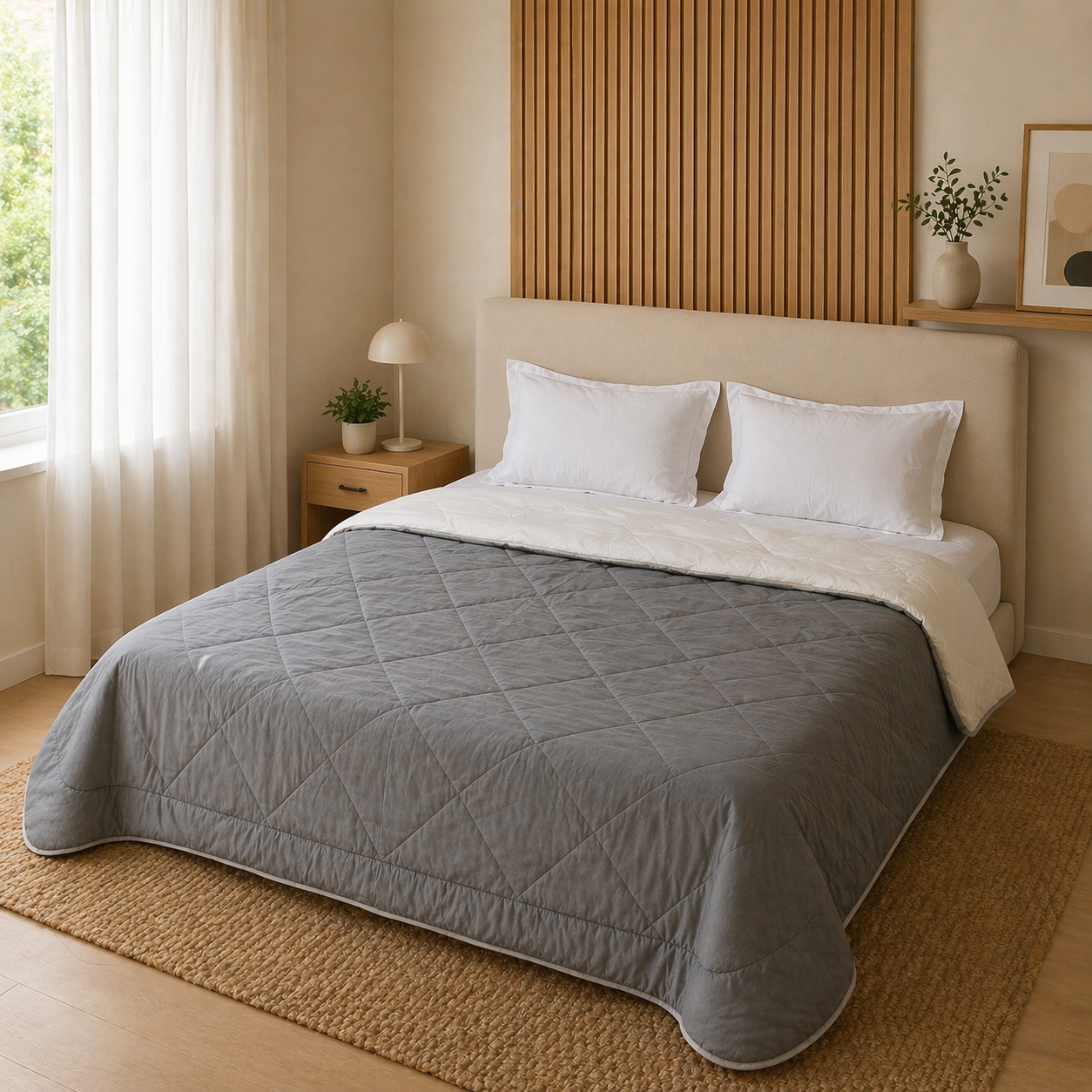 Fountain Grasses - DOUBLE BED REVERSIBLE COMFORTER (Grey & white)