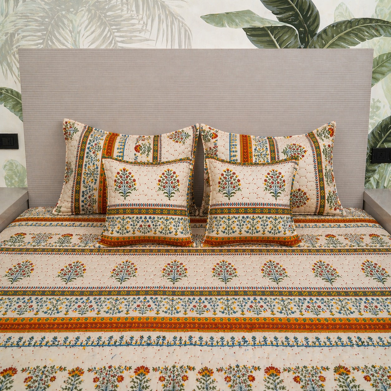 heritage stripes cotton feel bedsheet close up striped fabric 180 GSM soft breathable with quilted pillow cover and cushion stitching detail