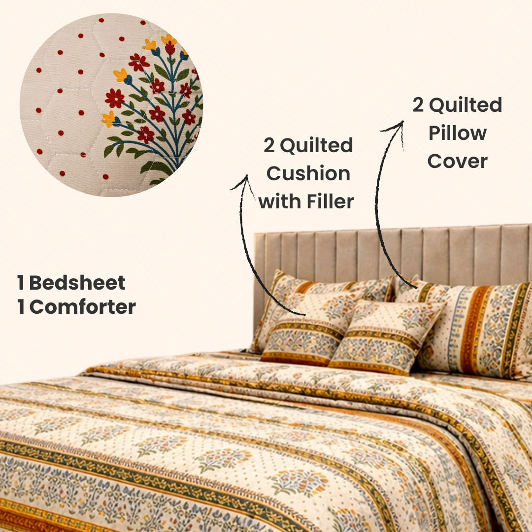 Bedding set with quilted pillow cover, quilted cushion with filler, and king size bedsheet along with comforter of same print on a bed.