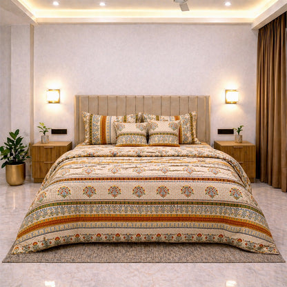 heritage stripes 6 piece bedset king size cotton feel bedsheet striped with quilted pillow covers and cushion filler modern bedroom front view