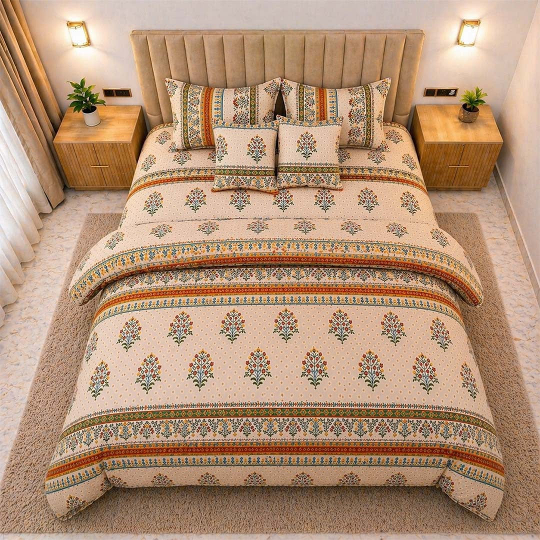 heritage stripes cotton feel bedsheet king size 108x108 6 piece bedset striped design with quilted pillow covers and cushion filler soft breathable top view