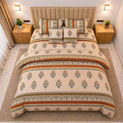 heritage stripes cotton feel bedsheet king size 108x108 6 piece bedset striped design with quilted pillow covers and cushion filler soft breathable top view