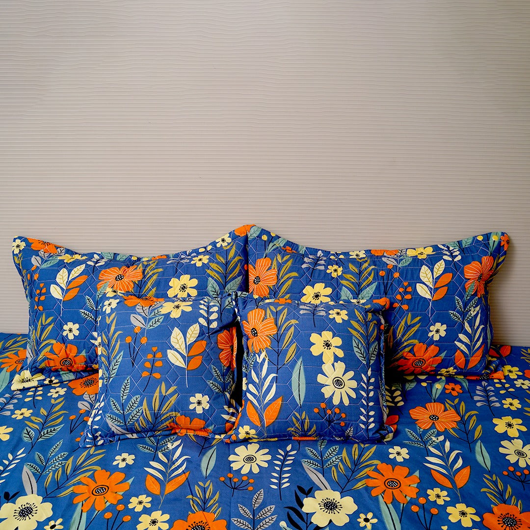 indigo bloom cotton feel bedsheet close up floral fabric 180 GSM soft breathable with quilted pillow cover and cushion stitching detail
