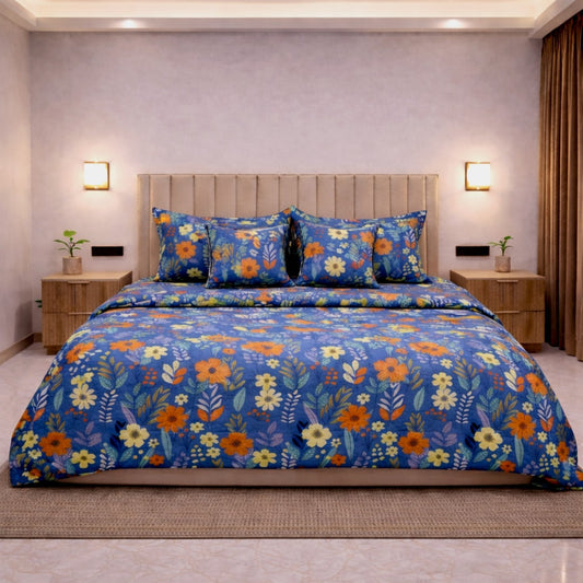 indigo bloom 6 piece bedset king size cotton feel bedsheet floral double bed with quilted pillow covers and cushion filler luxury bedroom front view
