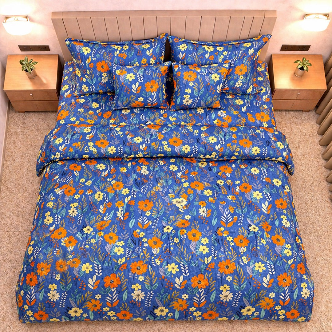 indigo bloom cotton feel bedsheet king size 108x108 6 piece bedset double bed floral with quilted pillow covers and cushion filler soft breathable premium top view