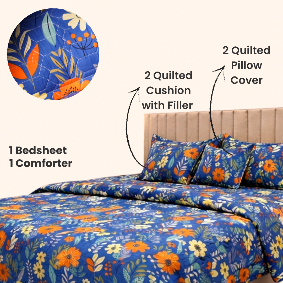 Floral bedding set with bedsheet, comforter, quilted pillow covers, and cushions on a bed.