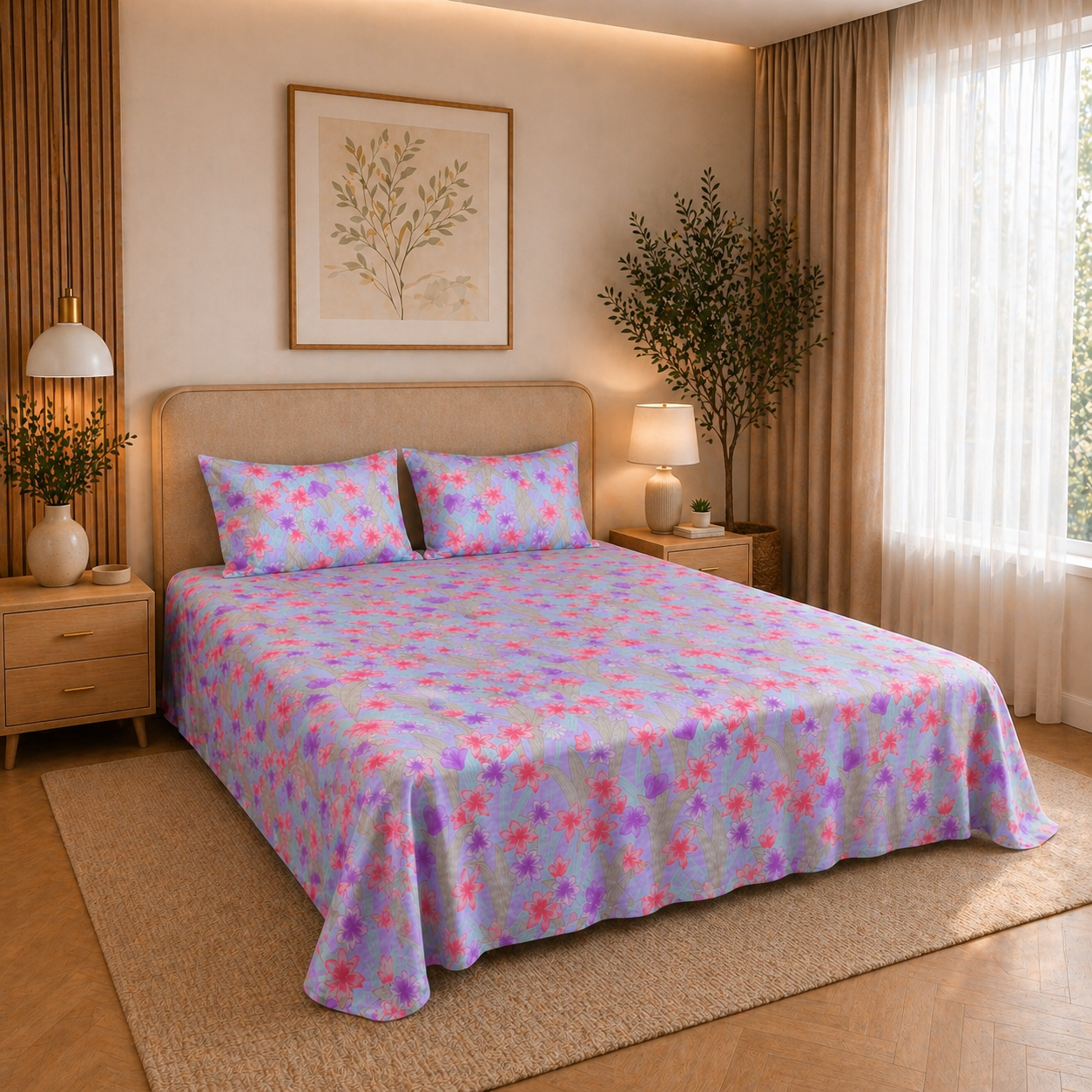 lavender king size cotton bedsheet 108x108 premium soft breathable floral with quilted pillow covers luxury bedroom