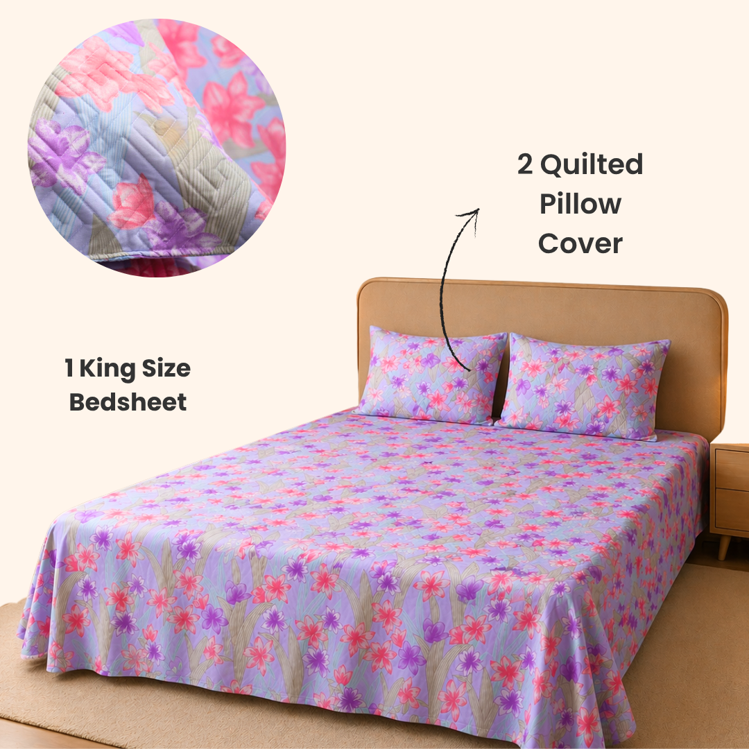 soft cotton fabric texture 180 GSM lavender king size bedsheet featuring quilted pillow cover