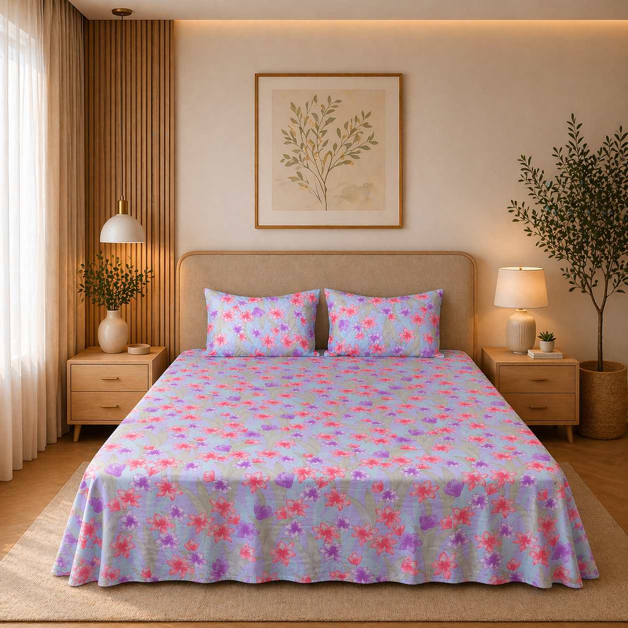 lavender king size soft cotton bedsheet 108x108 premium soft breathable floral with quilted pillow covers luxury bedroom