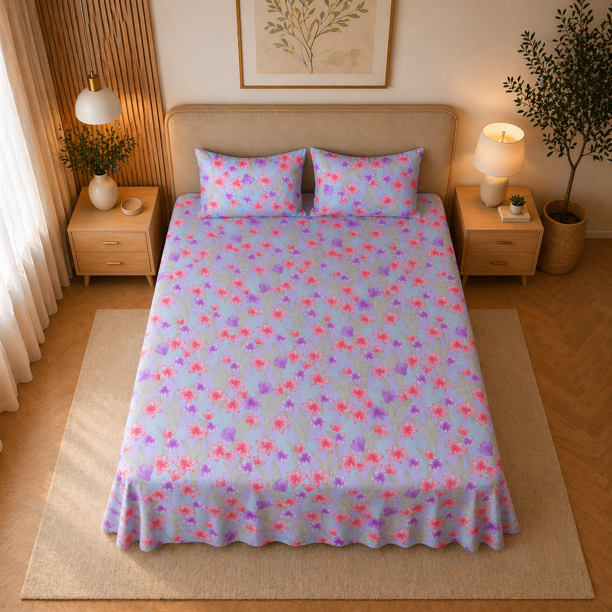 modern bedroom with lavender king size soft cotton bedsheet floral design calm design with pillow covers