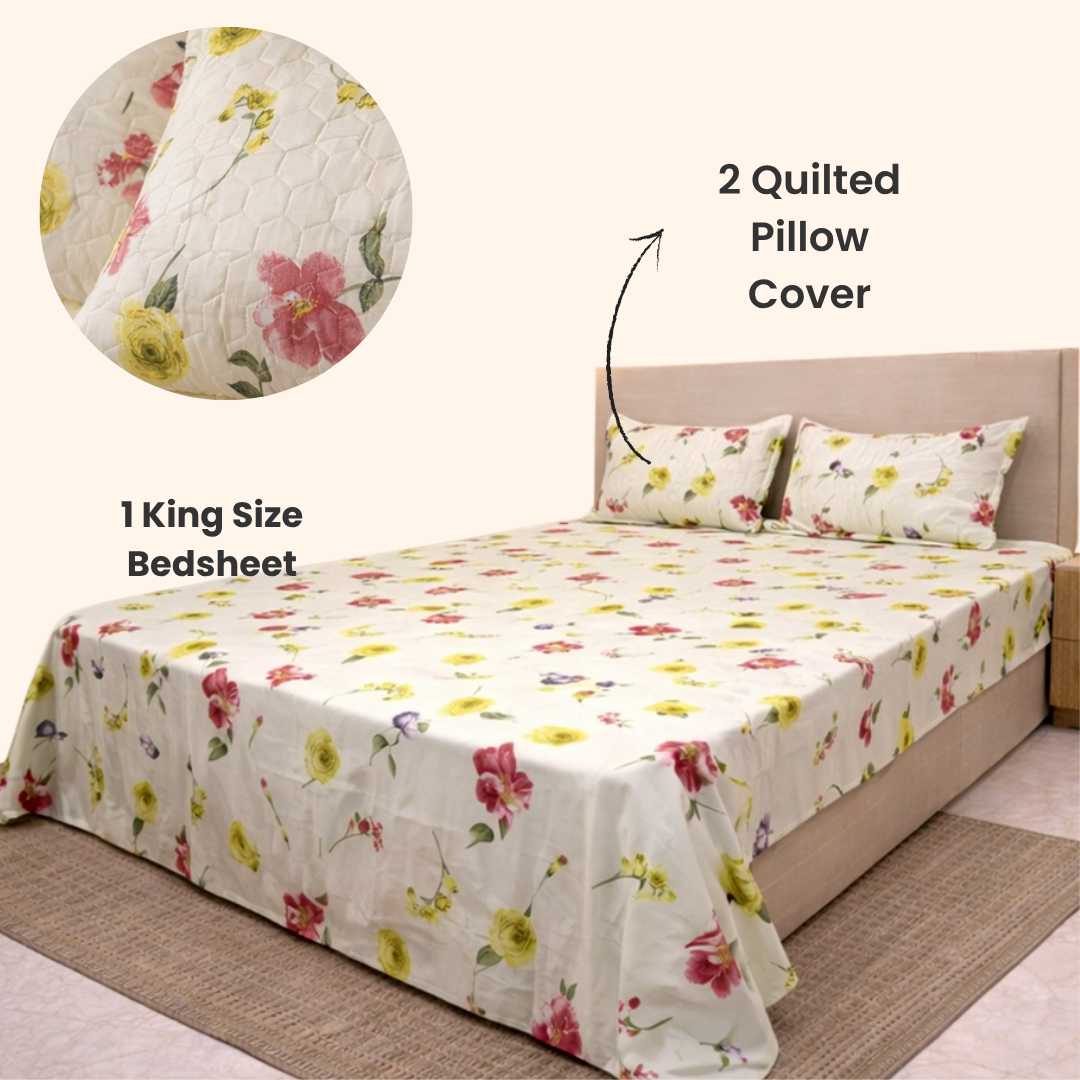lime yellow cotton feel bedsheet king size 108x108 floral bedsheet with quilted pillow covers for summer bedsheet buy now