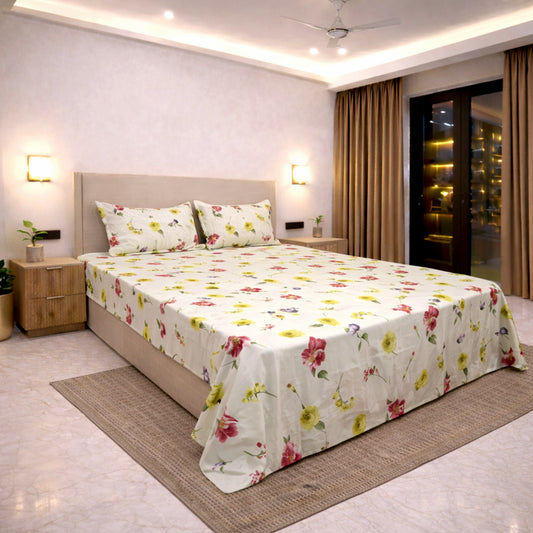 Lime Yellow Cotton Bedsheet King Size 108x108 Floral Double Bed Bedsheet with Quilted Pillow Covers (Soft Breathable Summer)