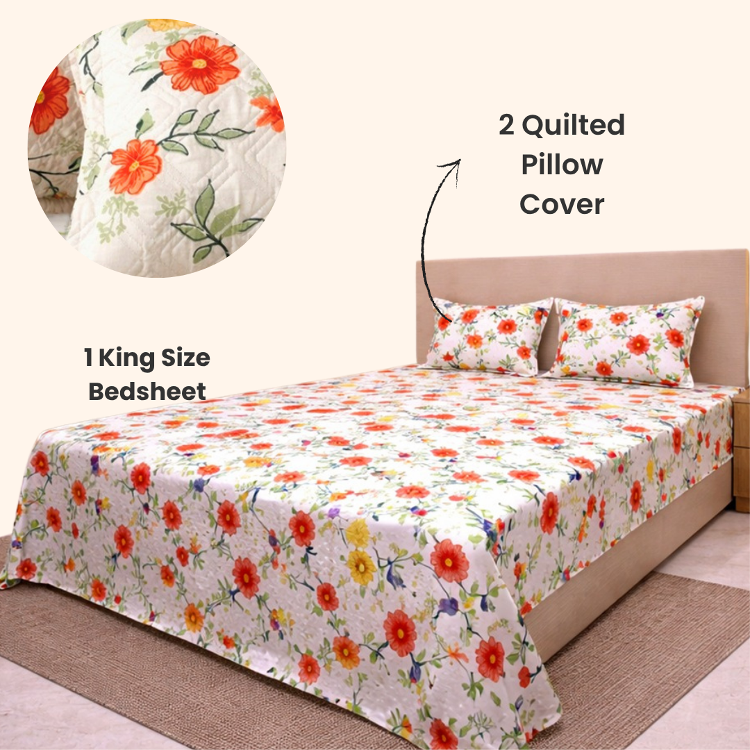 modern bedroom with king size cotton bedsheet floral design with pillow covers