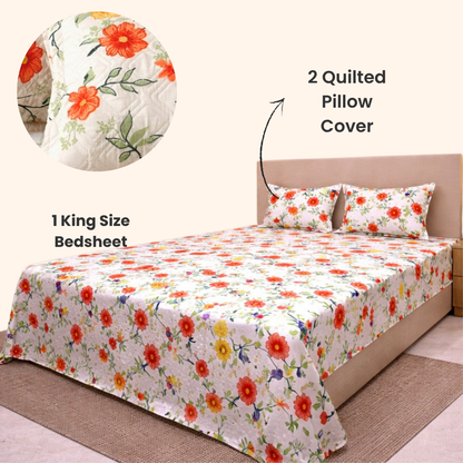 modern bedroom with king size cotton bedsheet floral design with pillow covers
