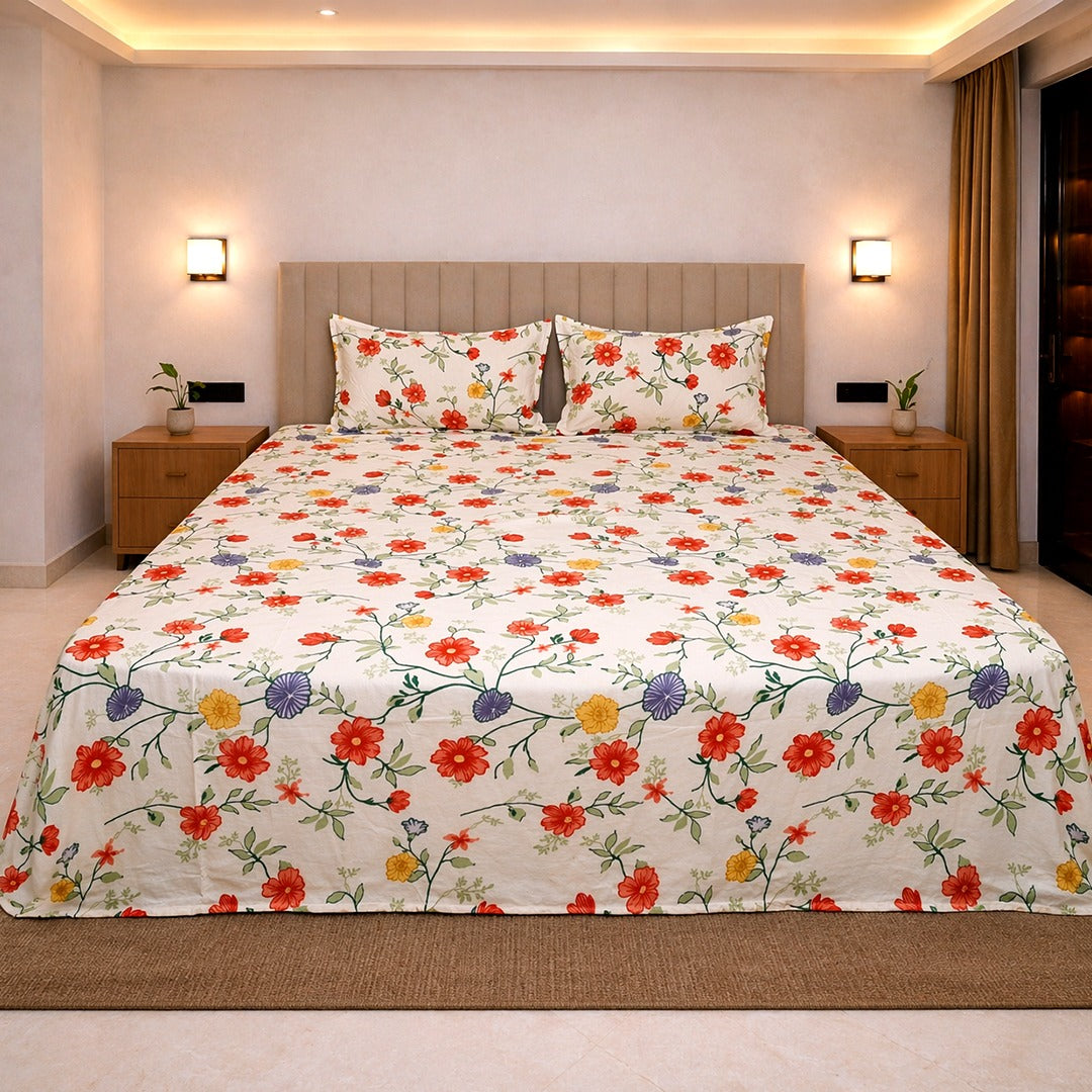 multicolor floral king size soft cotton bedsheet 108x108 printed 180 GSM with quilted pillow covers vibrant bedroom decor